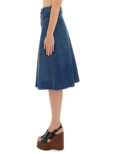 Chloé Button-front Denim Midi Skirt With Patch Pockets In Blue