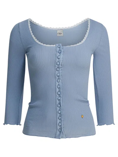 Chloé Fitted Cardigan With Plunging Neckline Knitwear Light Blue In Blue