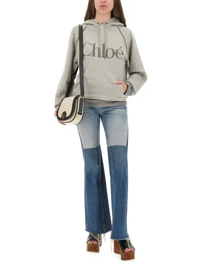 Chloé Cotton Blend Logo Hoodie In Gray