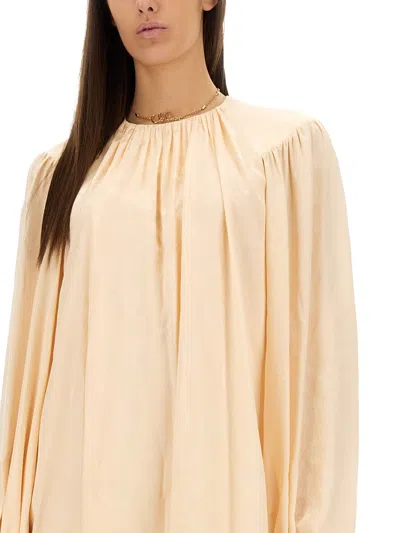 Chloé Mini Dress With Shirred Design And Sleeves In Neutral
