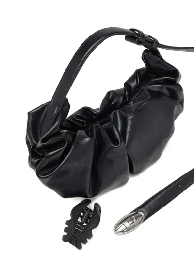 Diesel Grab-d S-small Scrunched Hobo Bag In Shiny Pu In Black