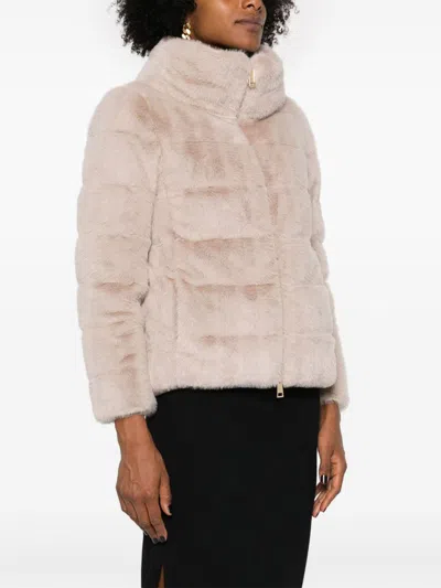 Herno Cropped Beige Coat With Horizontal Quilted Pattern And High Collar In Brown