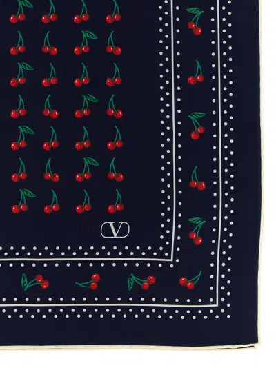 Valentino Cherry Print Polka Dot Border Scarf In Blue