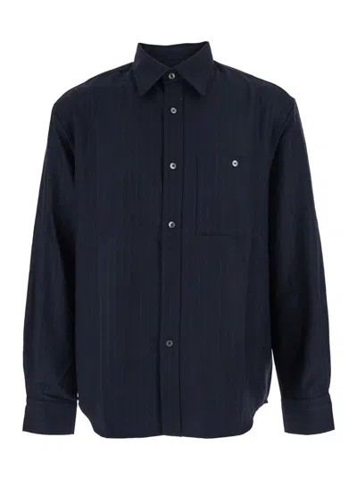 Tonywack Blue Pinstriped Shirt With Pointed Collar In Wool Blend Man In Blue