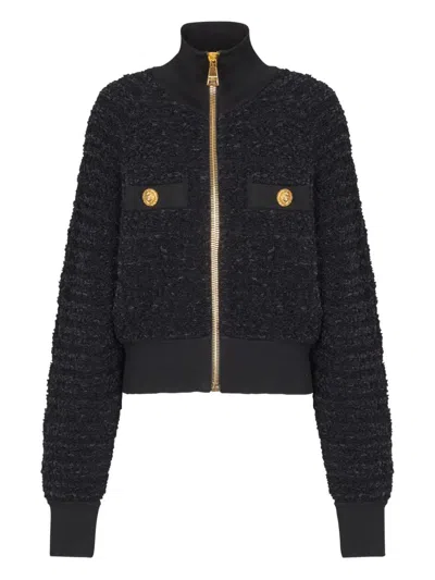 Balmain Textured Fabric Short Jacket With High Collar In Black