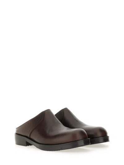 Dries Van Noten Round Toe Leather Clogs With Rubber Sole In Brown