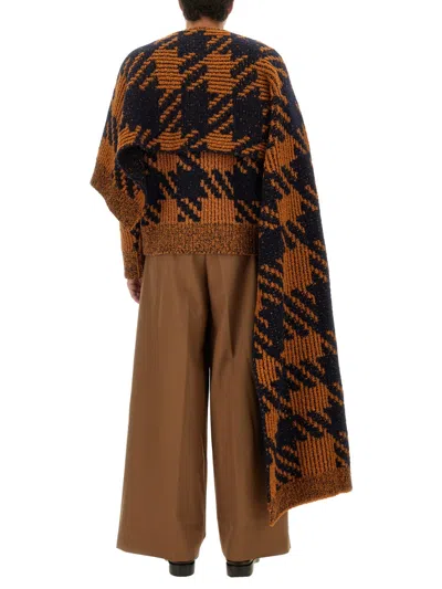 Dries Van Noten Oversized Houndstooth Wool Scarf With Draped Detail In Brown