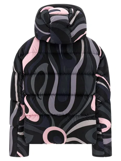 Pucci Hooded Padded Nylon Jacket With Elastic Cuffs In Black