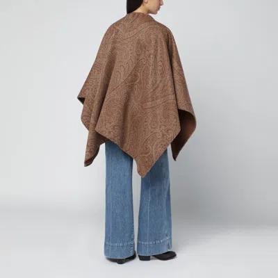 Etro Leather-trimmed Paisley-print Wool-blend Poncho In Brown