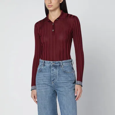 Etro Long Sleeve Polo With Collared Neck And Ribbed Texture In Burgundy