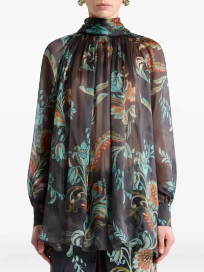 Etro Floral Sheer Silk Chiffon Blouse In Multi