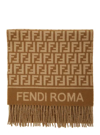 Fendi Women Beige Scarf With Logo Lettering On The Front And All-over Ff Motif In Wool Woman In Brown
