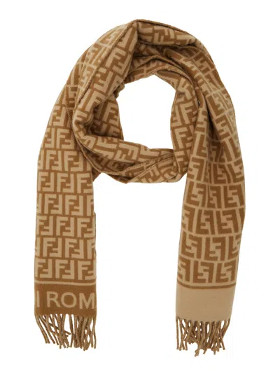 Fendi Women Beige Scarf With Logo Lettering On The Front And All-over Ff Motif In Wool Woman In Brown