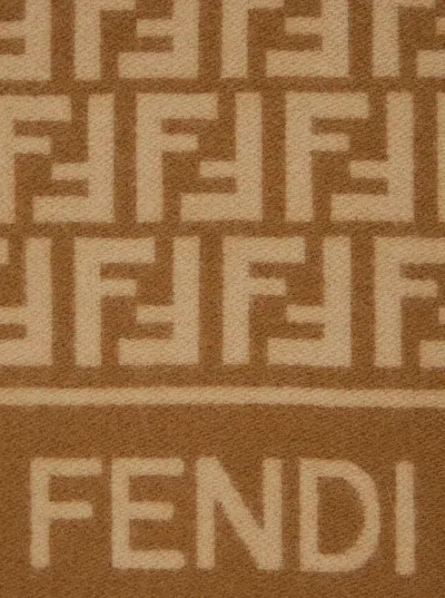 Fendi Women Beige Scarf With Logo Lettering On The Front And All-over Ff Motif In Wool Woman In Brown
