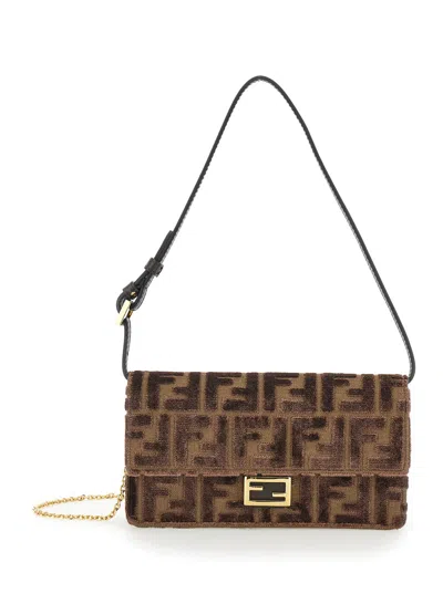 Fendi Women Brown Crossbody Bag With All-over Ff Motif And Metallic Ff Plaque On The Front In Cotton In Brown