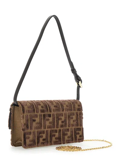 Fendi Women Brown Crossbody Bag With All-over Ff Motif And Metallic Ff Plaque On The Front In Cotton In Brown