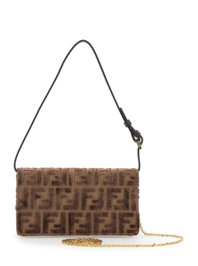 Fendi Women Brown Crossbody Bag With All-over Ff Motif And Metallic Ff Plaque On The Front In Cotton In Brown