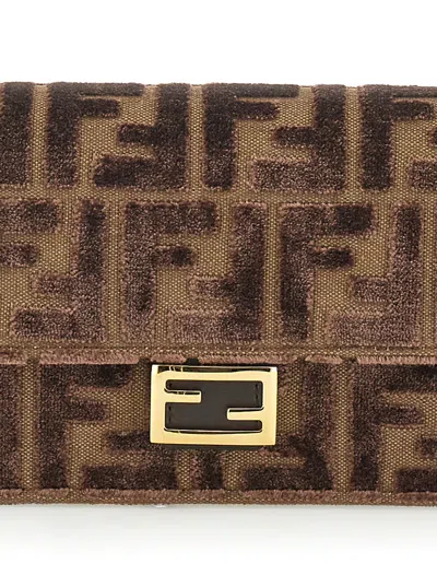 Fendi Women Brown Crossbody Bag With All-over Ff Motif And Metallic Ff Plaque On The Front In Cotton In Brown