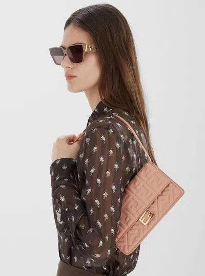 Fendi Women Pink Wallet On Chain Baguette With All-over Ff Motif And Ff Plaque In Leather Woman In Pink