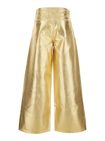 Ganni Women Gold Five Pockets Wide Jeans In Laminated Fabric Woman In Gold
