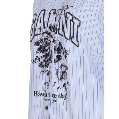 Ganni Striped Cotton Shirt With Print In Multi