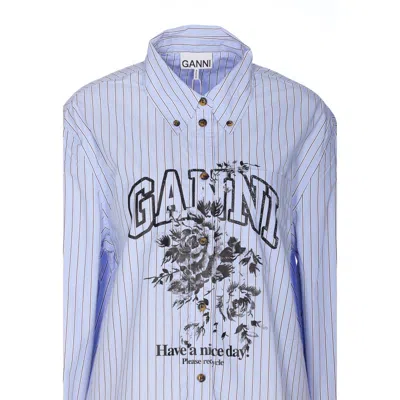 Ganni Striped Cotton Shirt With Print In Multi