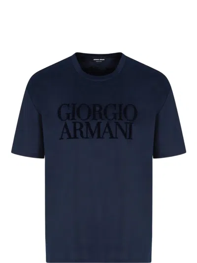 Giorgio Armani Flocked-logo Cotton T-shirt In Blue