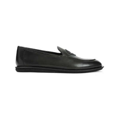 Giorgio Armani Minimalist Black Leather Loafers With Rubber Sole In Green