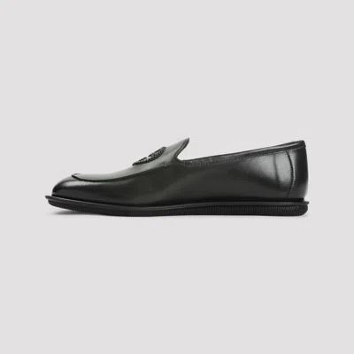 Giorgio Armani Minimalist Black Leather Loafers With Rubber Sole In Green