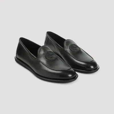 Giorgio Armani Minimalist Black Leather Loafers With Rubber Sole In Green