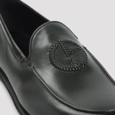 Giorgio Armani Minimalist Black Leather Loafers With Rubber Sole In Green