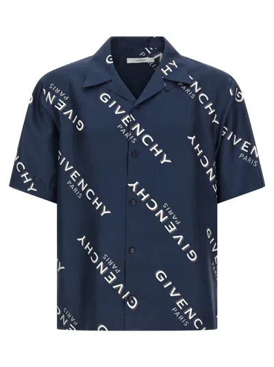 Givenchy Convertible-collar Logo-print Silk-twill Shirt In Blue