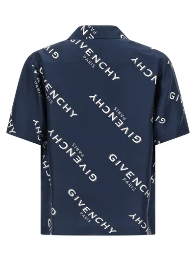 Givenchy Convertible-collar Logo-print Silk-twill Shirt In Blue
