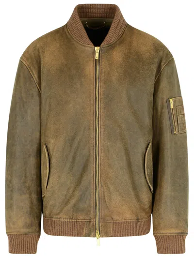 Golden Goose Brown Leather Jacket Men In Animal Print