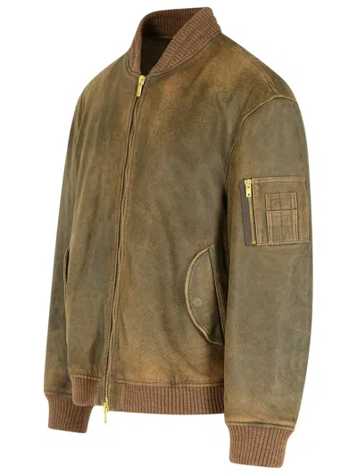 Golden Goose Brown Leather Jacket Men In Animal Print