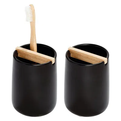 Idesign Matte Black Toothbrush Holder With Removable Wood Divider In Multi