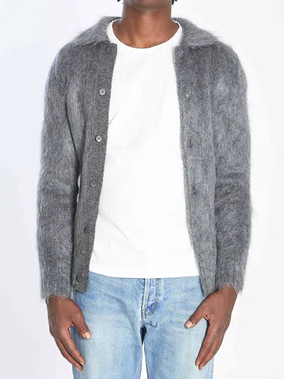 Gucci Men Grey Cardigan With Classic Collar And Brushed Effect In Mohair Blend Woman In Gray