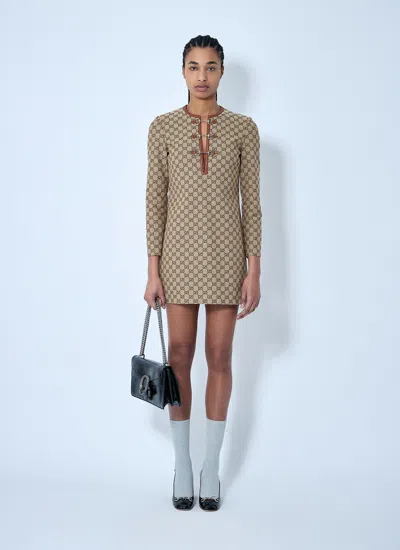 Gucci Beige Crewneck Mini Dress With Horsebit On The Front In Gg Canvas Woman In Brown
