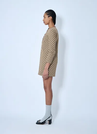 Gucci Beige Crewneck Mini Dress With Horsebit On The Front In Gg Canvas Woman In Brown