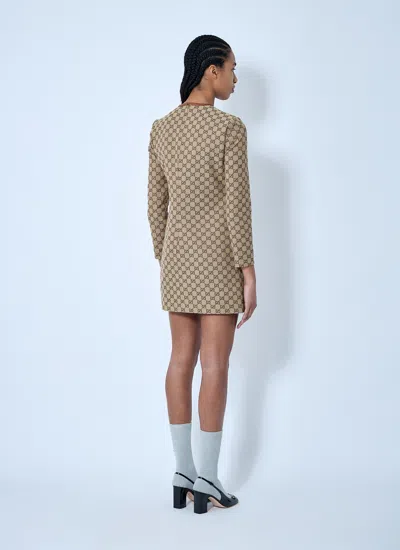 Gucci Beige Crewneck Mini Dress With Horsebit On The Front In Gg Canvas Woman In Brown