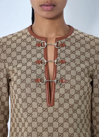 Gucci Beige Crewneck Mini Dress With Horsebit On The Front In Gg Canvas Woman In Brown