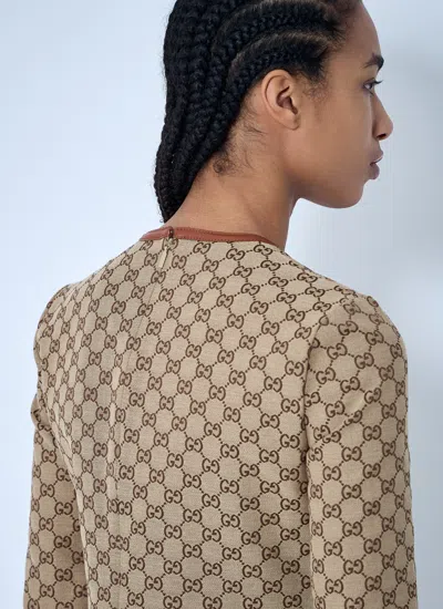 Gucci Beige Crewneck Mini Dress With Horsebit On The Front In Gg Canvas Woman In Brown