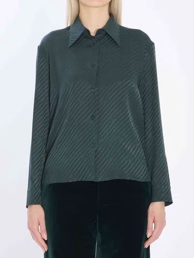 Gucci Interlocking Jacquard Silk Long Sleeve Shirt In Green