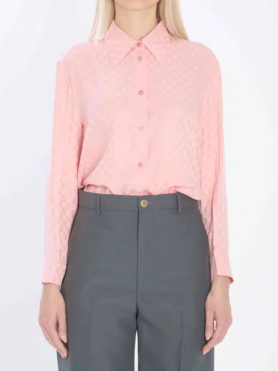 Gucci Silk Shirt With Gg Jacquard Pattern In Pink