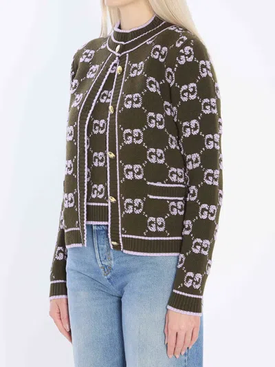 Gucci Wool Cardigan With Front Pockets And Long Sleeves In Green