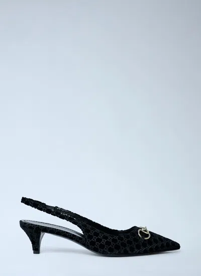 Gucci Women Black Gg Velvet Horsebit Slingback Pumps In Black