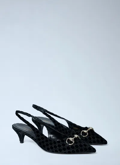 Gucci Women Black Gg Velvet Horsebit Slingback Pumps In Black