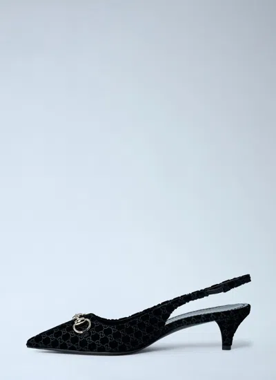 Gucci Women Black Gg Velvet Horsebit Slingback Pumps In Black