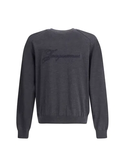 Jacquemus Long Sleeve Crewneck Sweater With Ribbed Cuffs In Gray