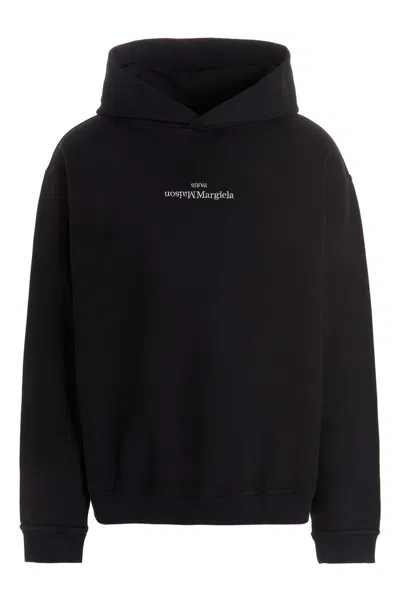Maison Margiela Minimalist Black Hoodie With Upside-down Logo In Blue